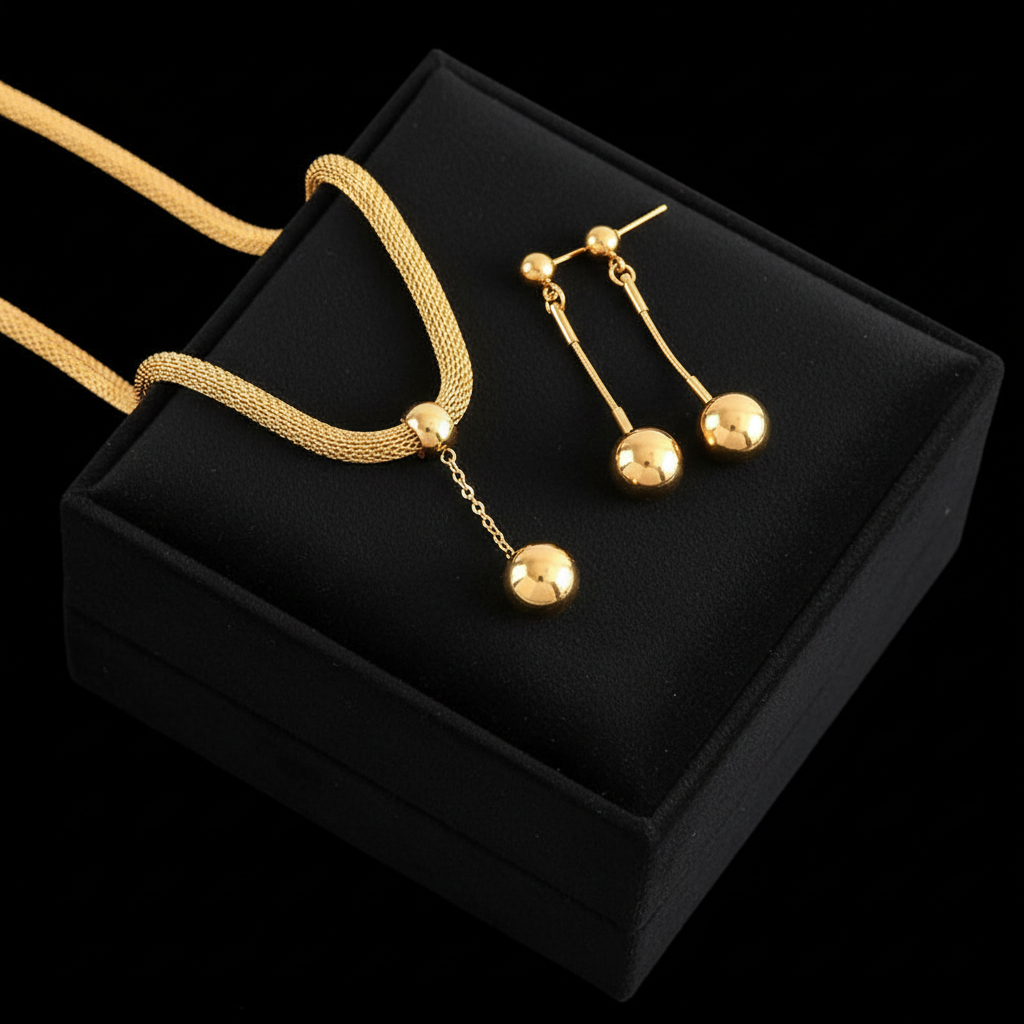 1007 Stainless Steel Gold Bead Pendant Necklace & Earrings Set