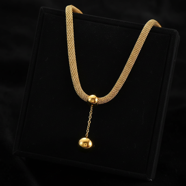 Stainless Steel Gold Bead Pendant Necklace & Earrings Set
