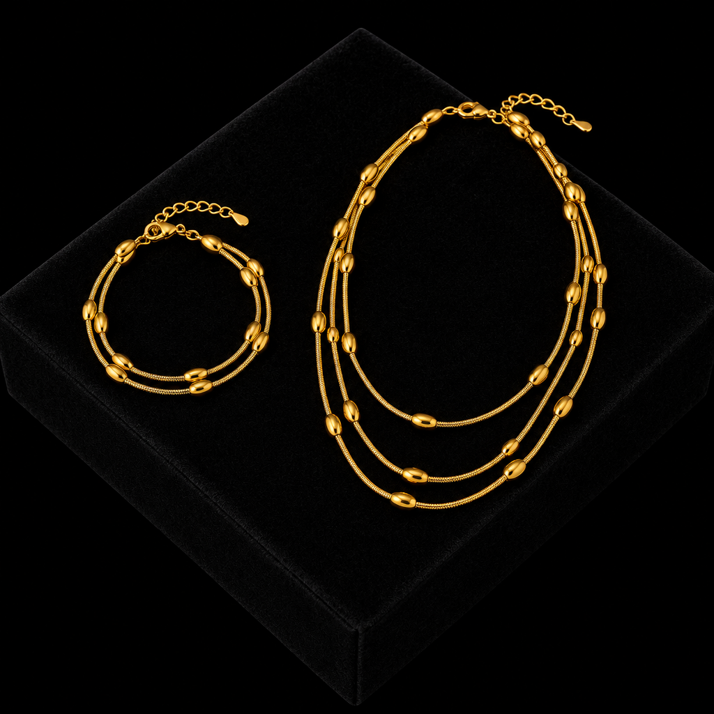 1007 Stainless Steel Multi-Layer Chain Necklace & Bracelet Set