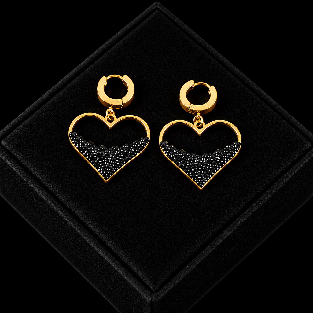 1007 Stainless Steel Heart Black Stone Necklace & Earrings Set