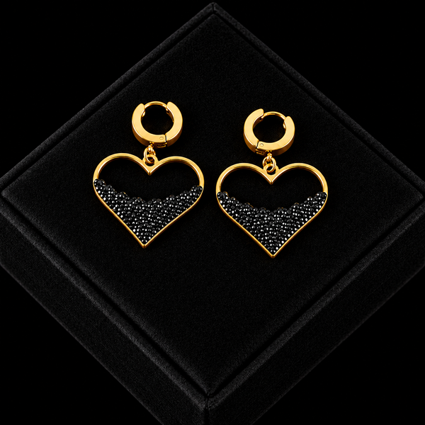 Stainless Steel Heart Black Stone Necklace & Earrings Set