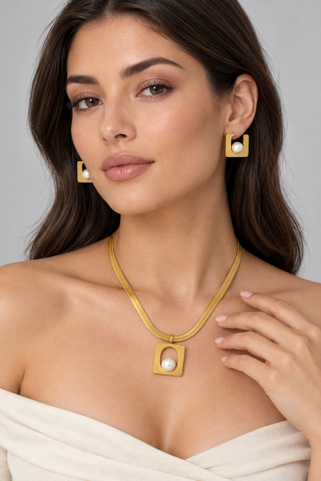 1007 Stainless Steel Geometric Pearl Necklace & Earrings Set