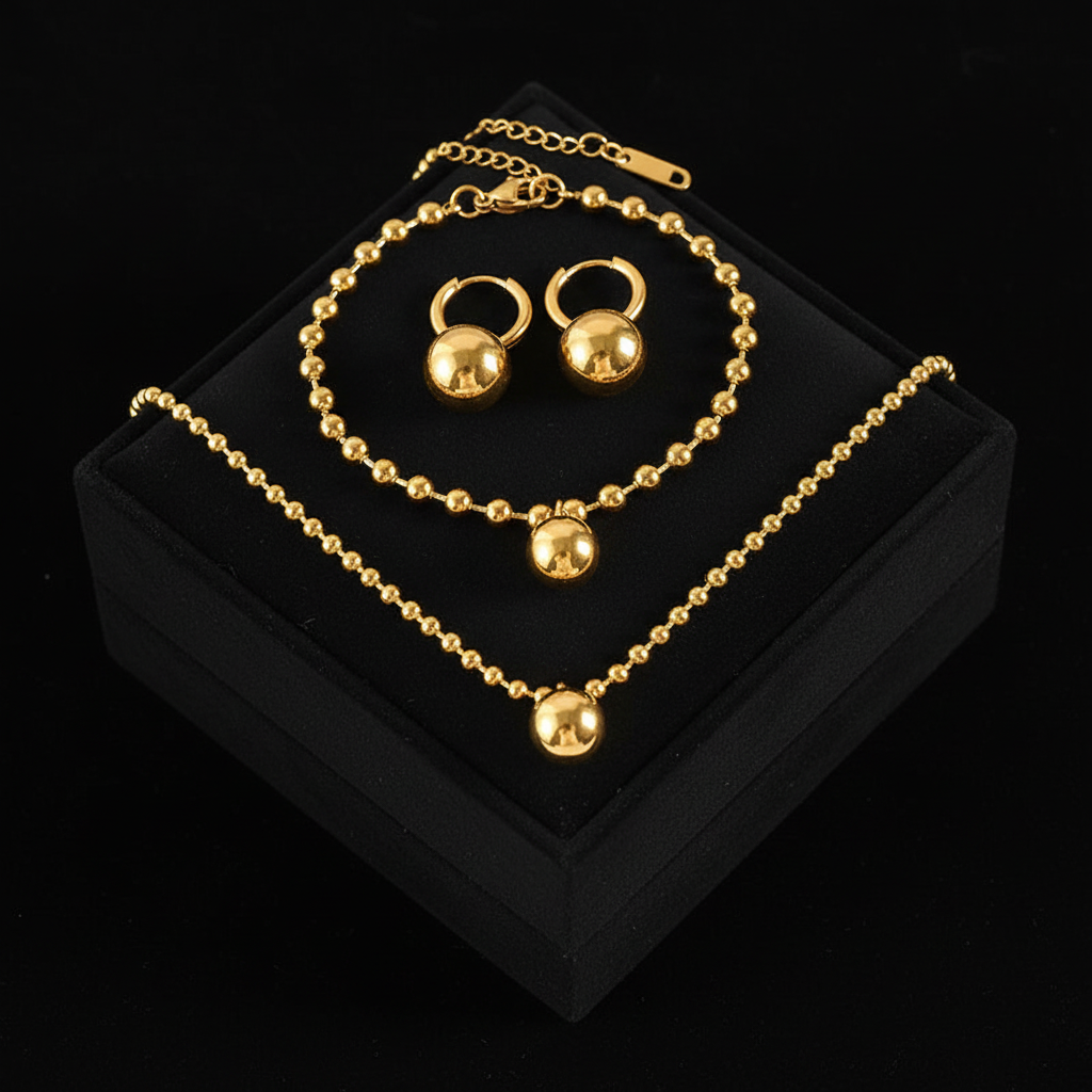 1007 Stainless Steel Bead Ball Necklace, Bracelet & Earrings Set
