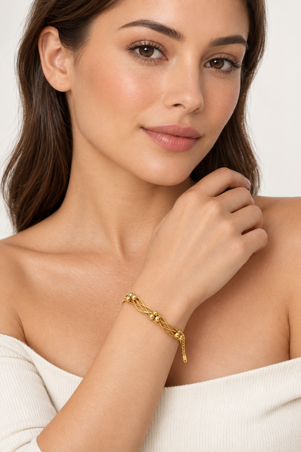 1007 Stainless Steel Gold Beaded Wound Chain Bracelet