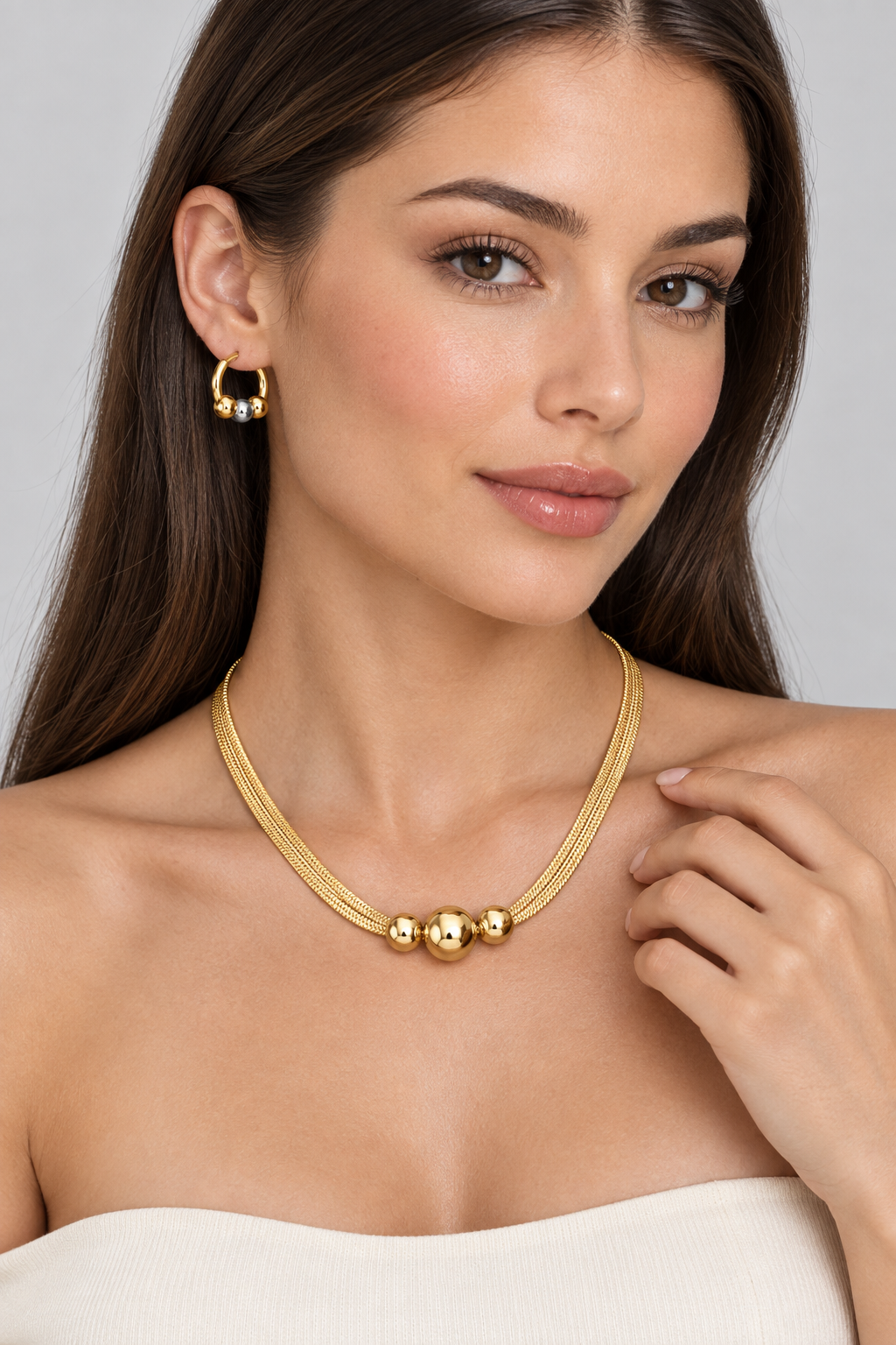 1007 Stainless Steel Gold Bead Pendant Necklace & Earrings Set