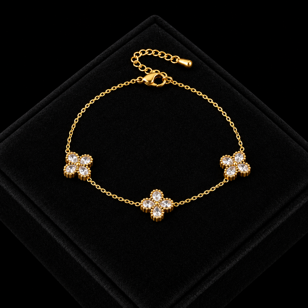 1007 Stainless Steel White Zircon Flower Necklace, Bracelet & Earrings Set