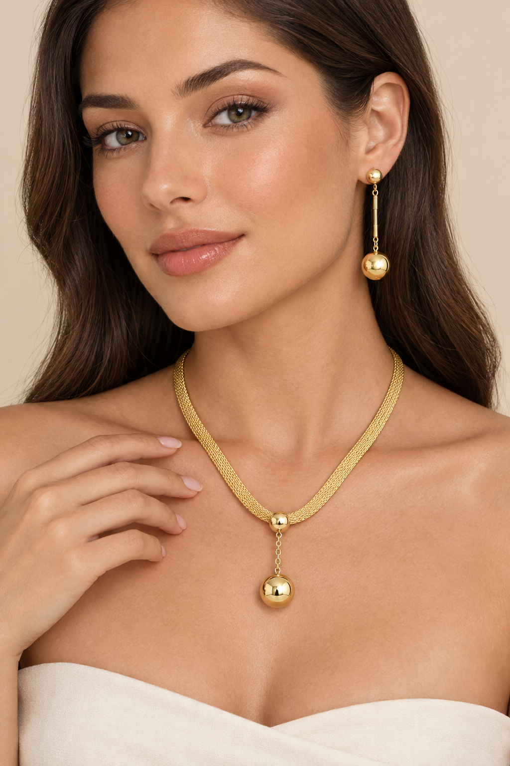 1007 Stainless Steel Gold Bead Pendant Necklace & Earrings Set