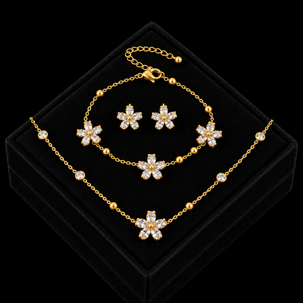 1007 Stainless Steel White Zircon Flower Necklace, Bracelet & Earrings Set