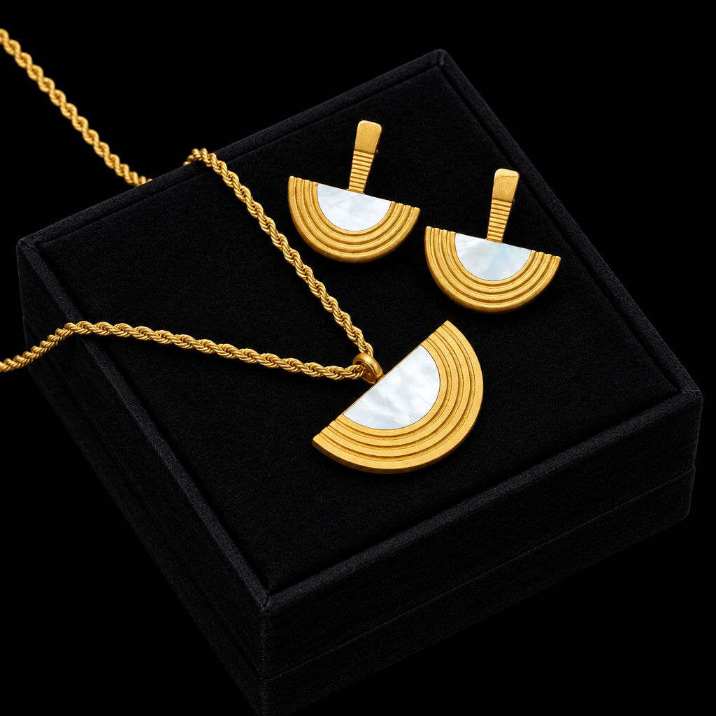 1007 Stainless Steel Geometric Semicircle Necklace & Earrings Set