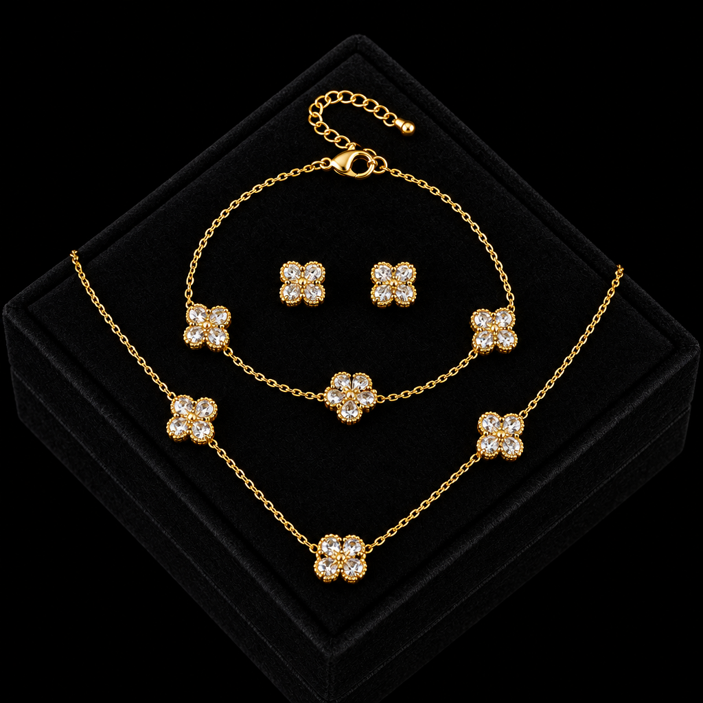 1007 Stainless Steel White Zircon Flower Necklace, Bracelet & Earrings Set