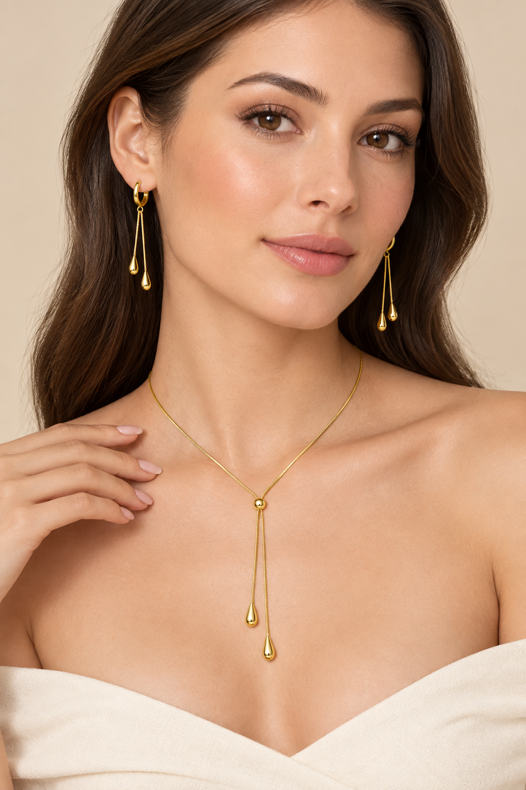 1007 Stainless Steel Geometric Pearl Necklace & Earrings Set