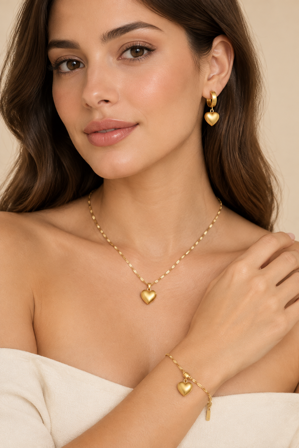 1007 Stainless Steel Heart Love Necklace, Bracelet & Earrings Set