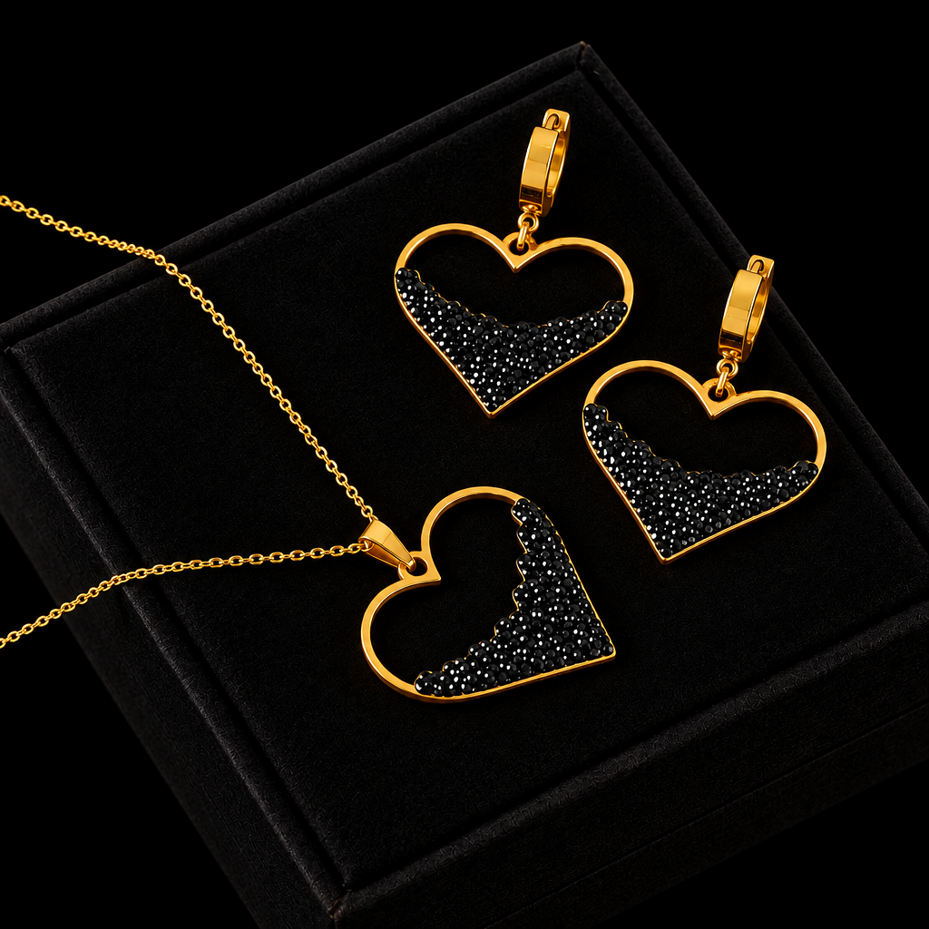 1007 Stainless Steel Heart Black Stone Necklace & Earrings Set