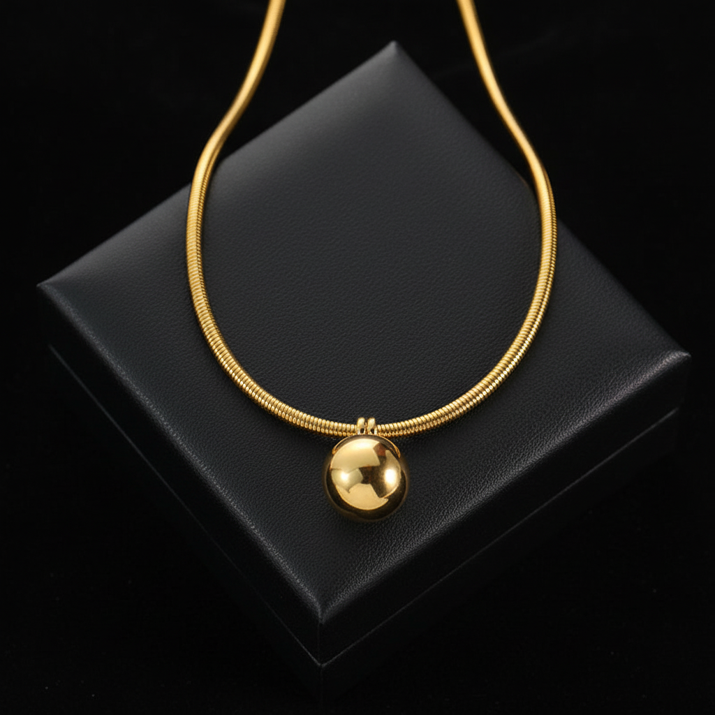 1007 Stainless Steel Gold Bead Pendant Necklace & Earrings Set