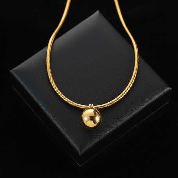 Stainless Steel Gold Bead Pendant Necklace & Earrings Set