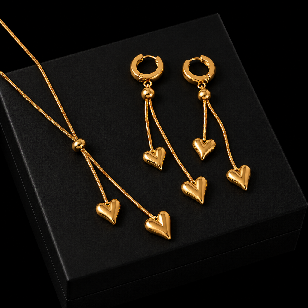 1007 Gold Heart Pendant Necklace & Earrings Set