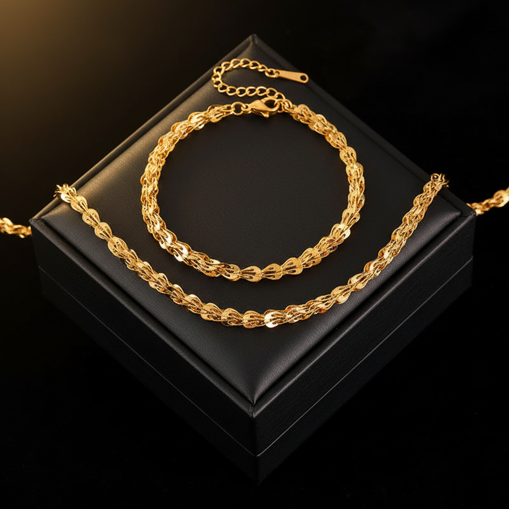 1007 Stainless Steel Gold Wheat Chain Necklace & Bracelet Set