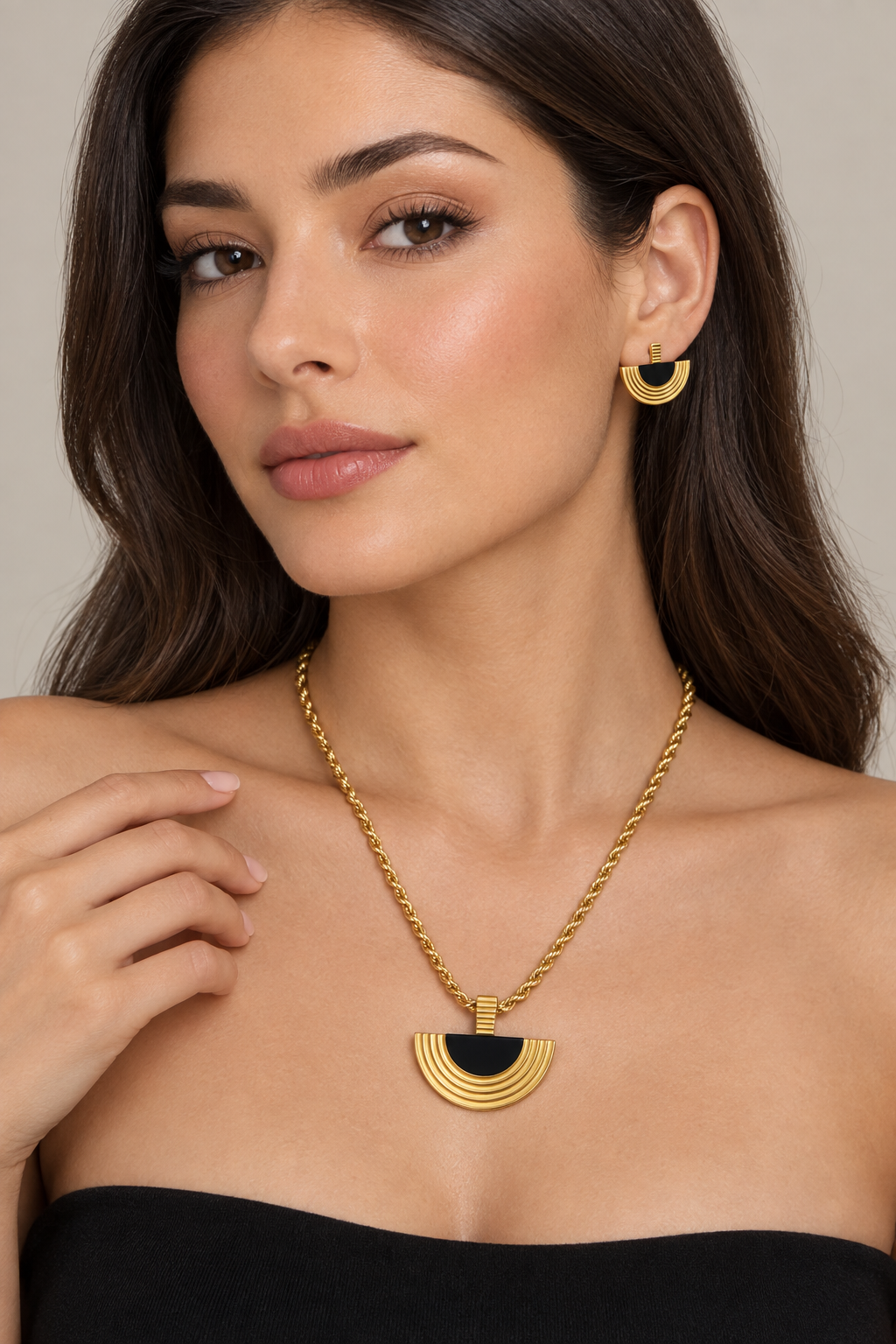 1007 Stainless Steel Geometric Semicircle Necklace & Earrings Set