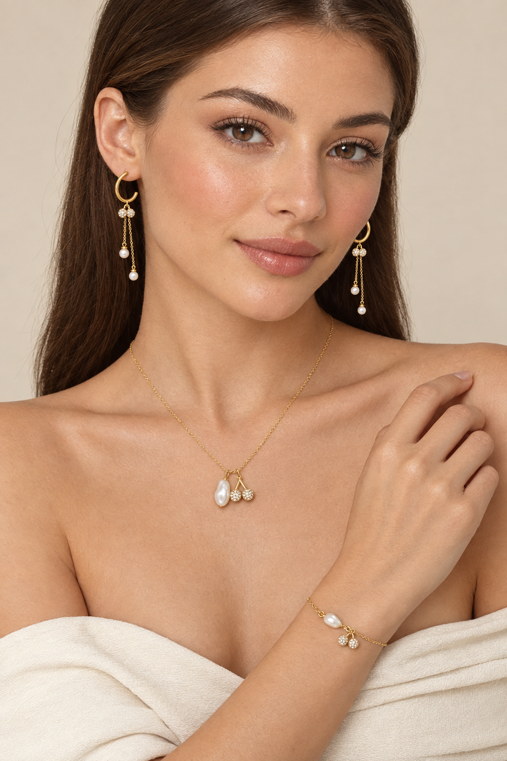 1007 Cherry Pearl Necklace, Bracelet & Earrings Set