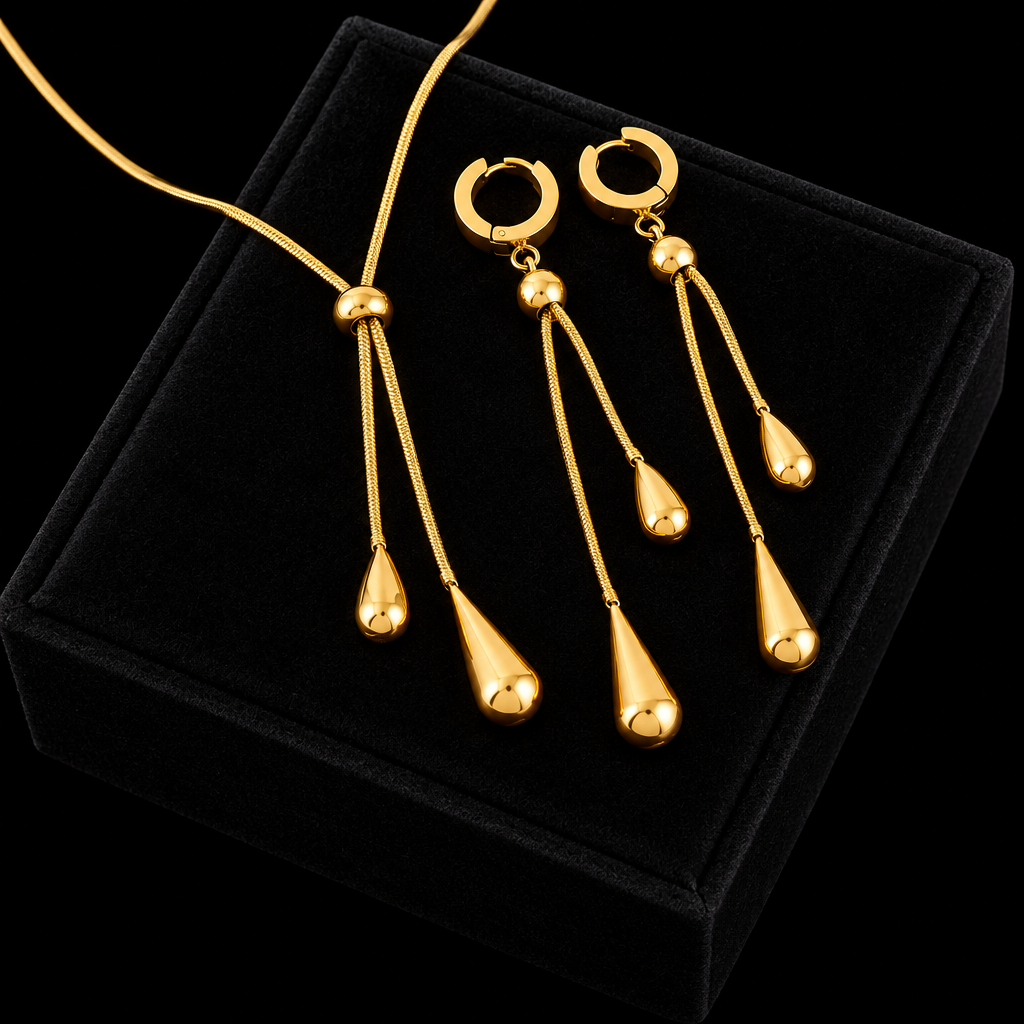 1007 Stainless Steel Geometric Pearl Necklace & Earrings Set