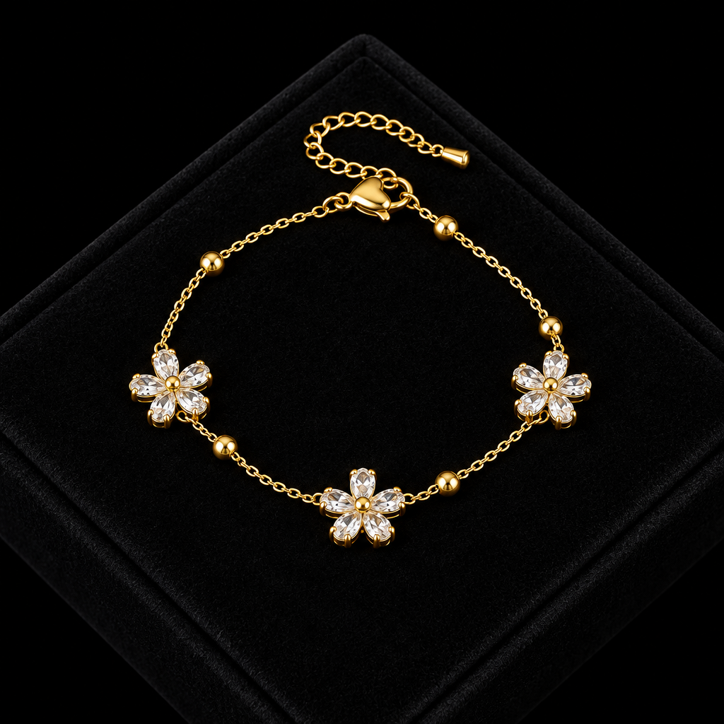 1007 Stainless Steel White Zircon Flower Necklace, Bracelet & Earrings Set