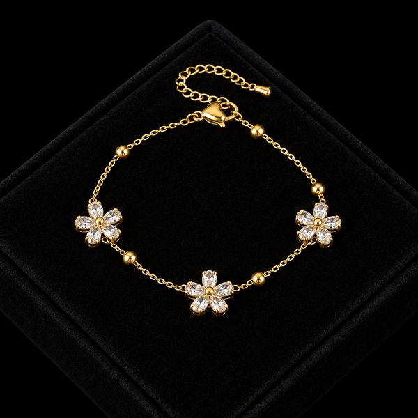Stainless Steel White Zircon Flower Necklace, Bracelet & Earrings Set