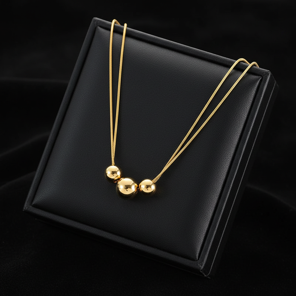 Stainless Steel Gold Bead Pendant Necklace & Earrings Set