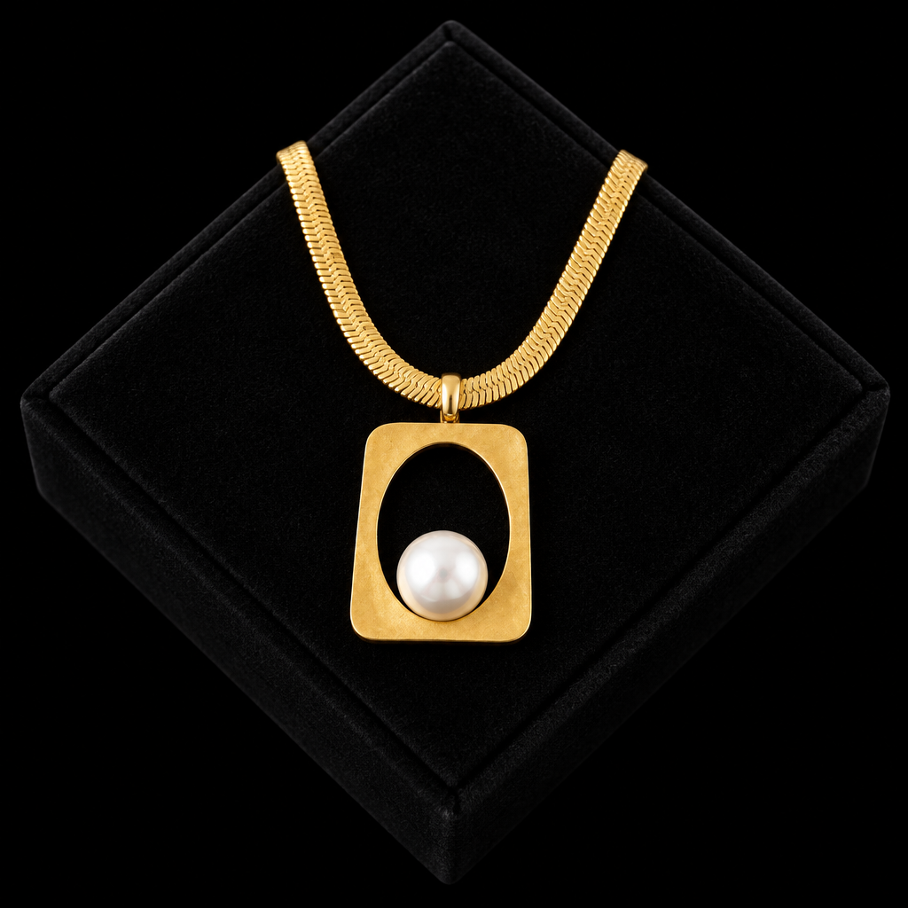 1007 Stainless Steel Geometric Pearl Necklace & Earrings Set