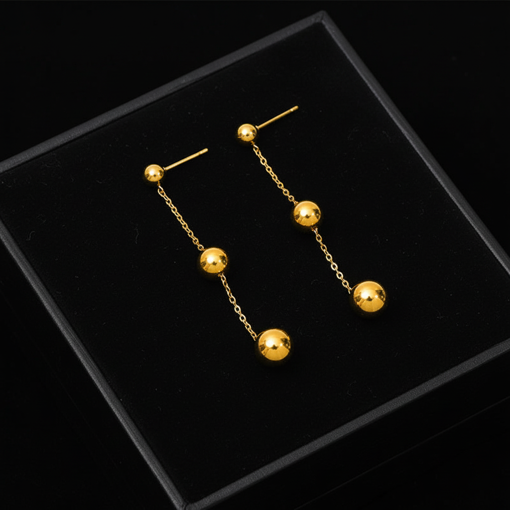 1007 Stainless Steel Gold Bead Pendant Necklace & Earrings Set