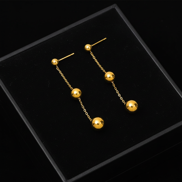 Stainless Steel Gold Bead Pendant Necklace & Earrings Set