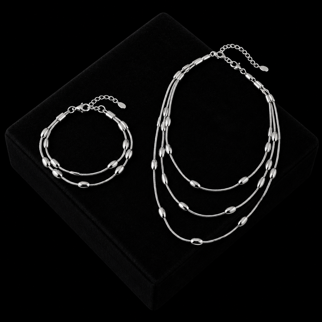 1007 Stainless Steel Multi-Layer Chain Necklace & Bracelet Set