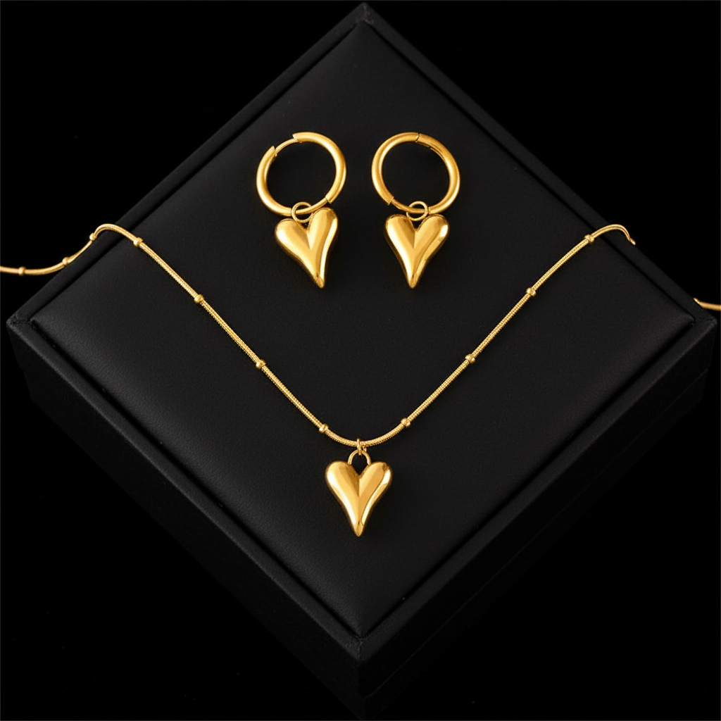 1007 Stainless Steel Heart Love Necklace, Bracelet & Earrings Set