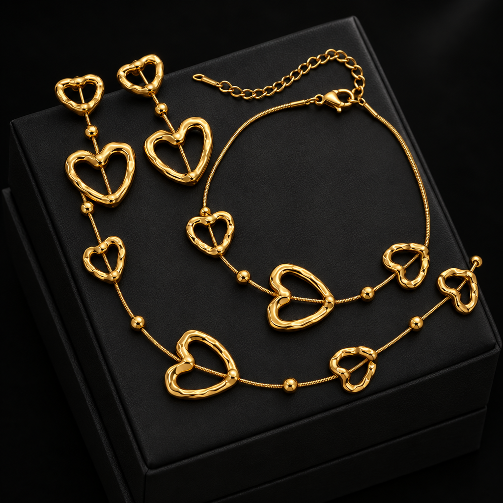 1007 Golden Hollow Heart Necklace, Bracelet & Earrings Set
