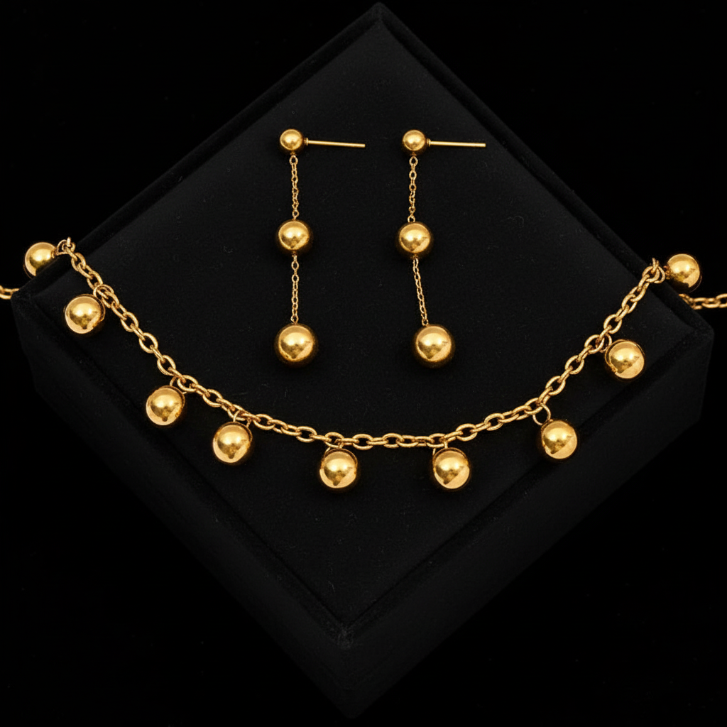 1007 Stainless Steel Gold Bead Pendant Necklace & Earrings Set
