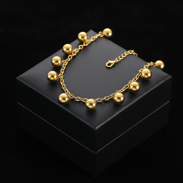 Stainless Steel Gold Bead Pendant Necklace & Earrings Set