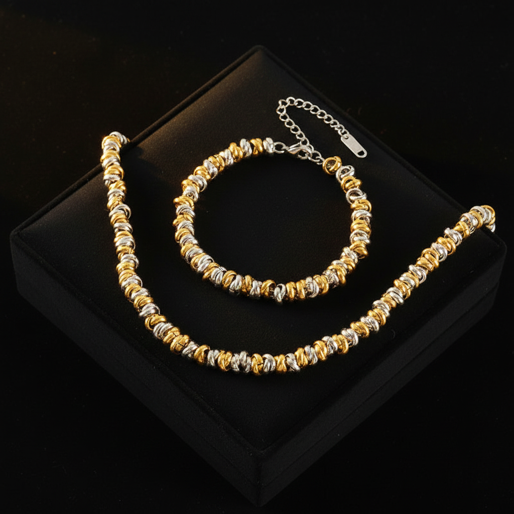 1007 Stainless Steel 2-Color Chain Necklace & Bracelet Set