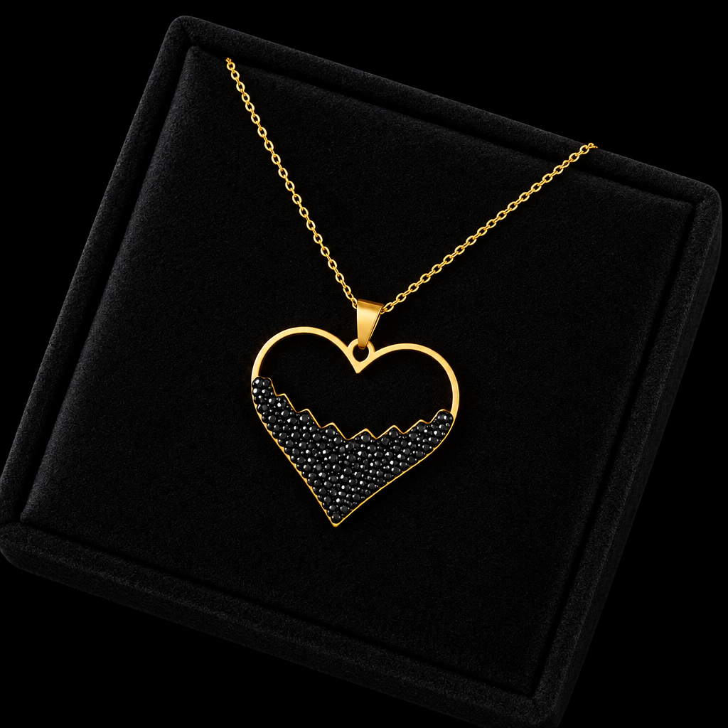 1007 Stainless Steel Heart Black Stone Necklace & Earrings Set