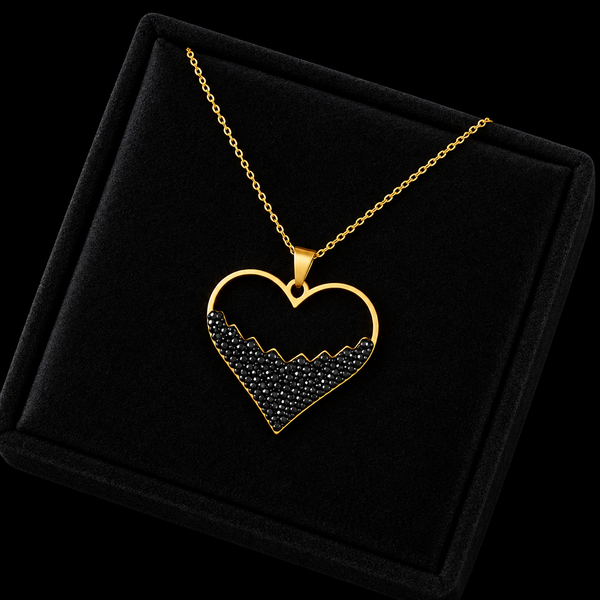 Stainless Steel Heart Black Stone Necklace & Earrings Set