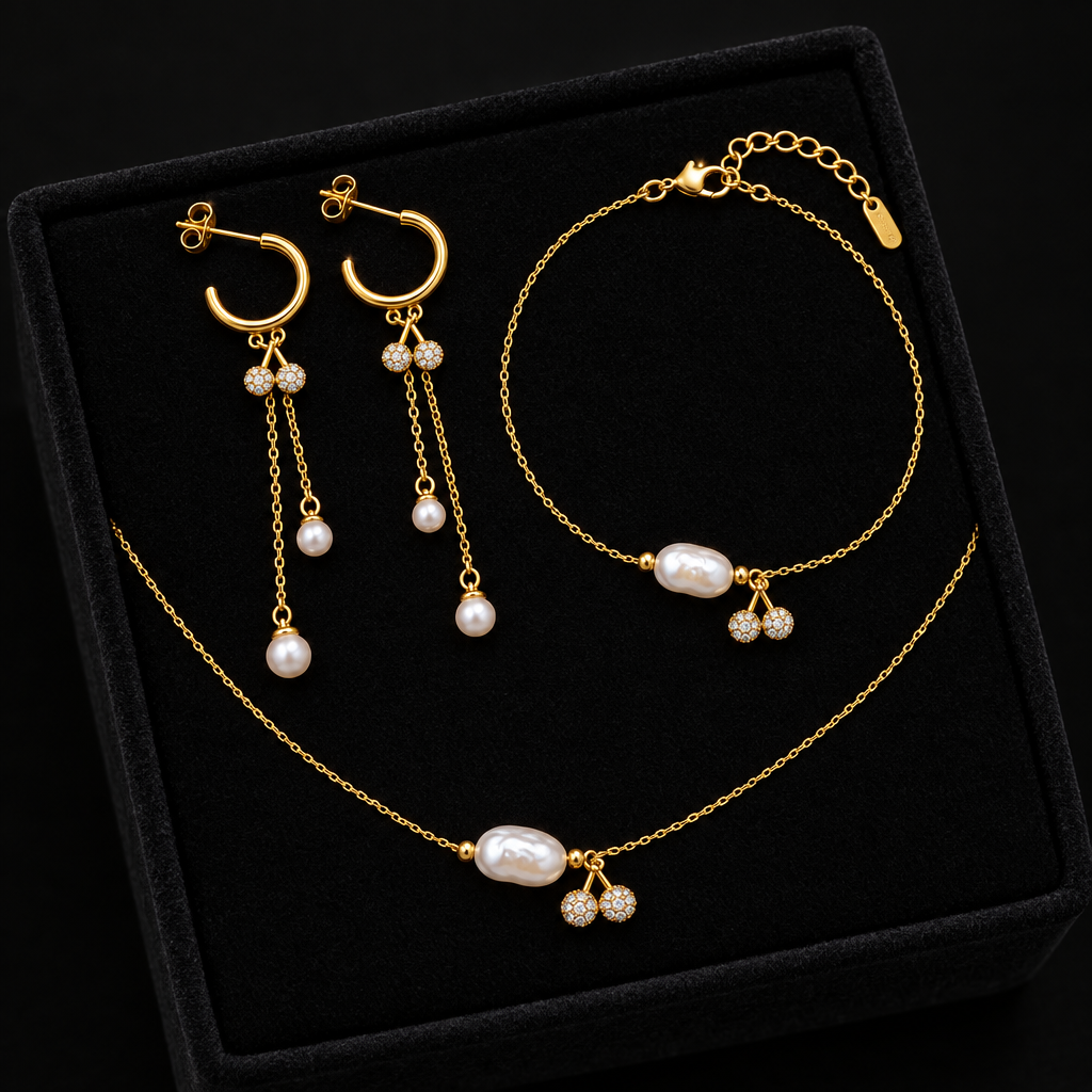 1007 Cherry Pearl Necklace, Bracelet & Earrings Set