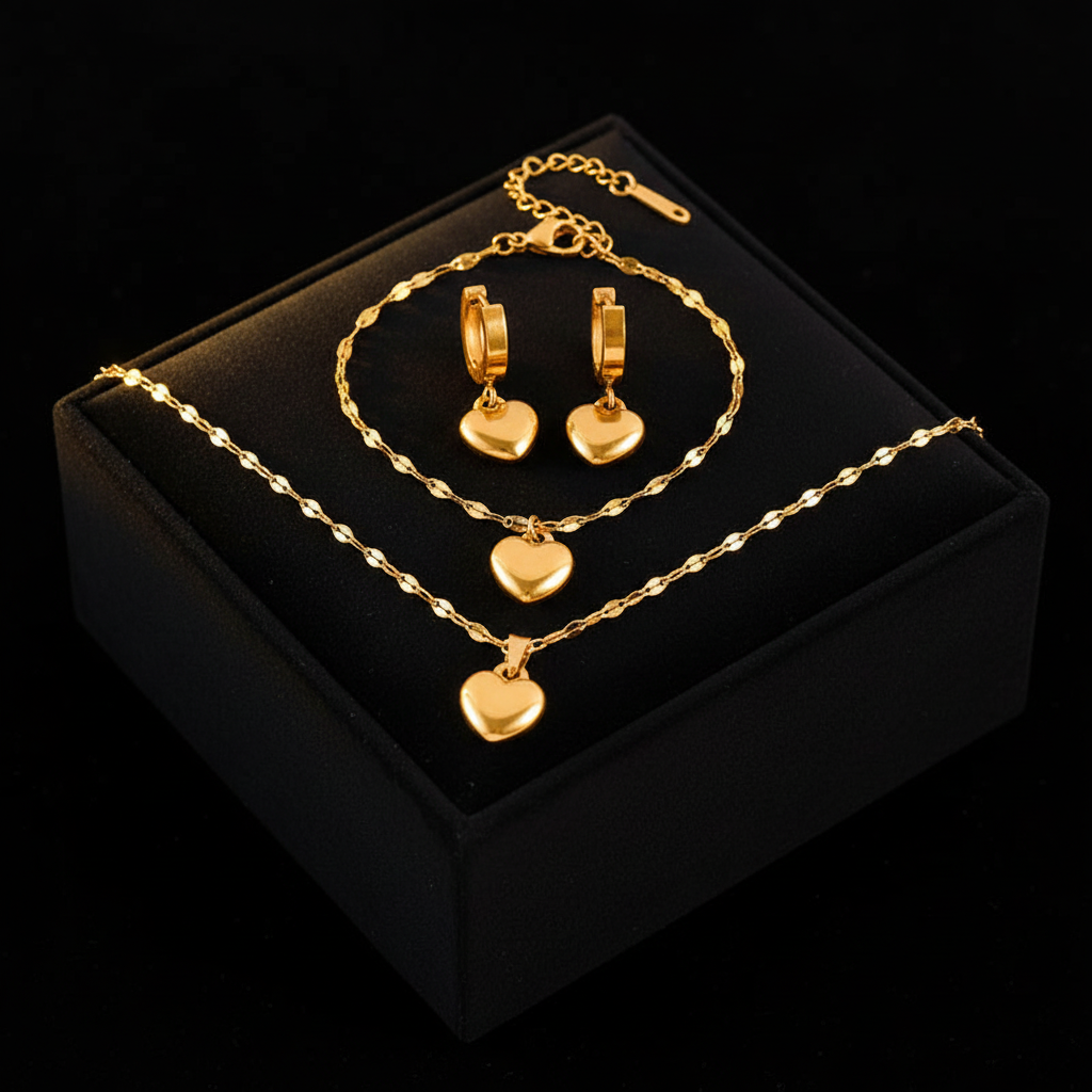 1007 Stainless Steel Heart Love Necklace, Bracelet & Earrings Set