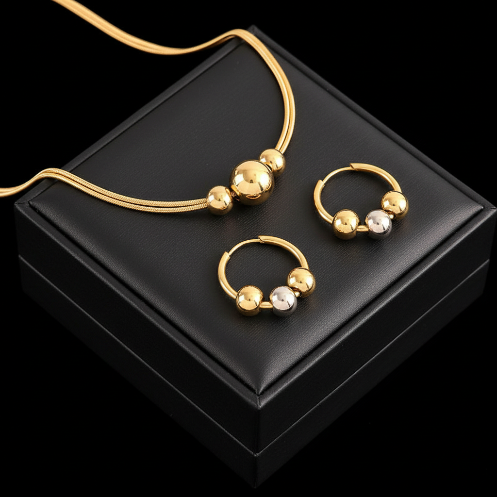 1007 Stainless Steel Gold Bead Pendant Necklace & Earrings Set