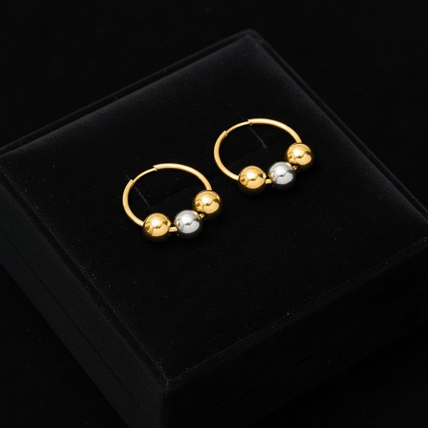 Stainless Steel Gold Bead Pendant Necklace & Earrings Set