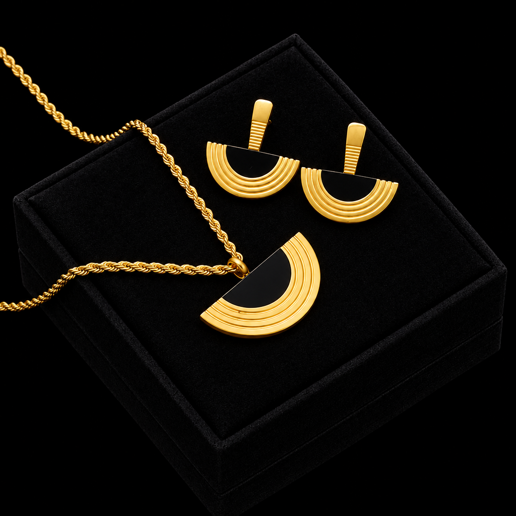 1007 Stainless Steel Geometric Semicircle Necklace & Earrings Set