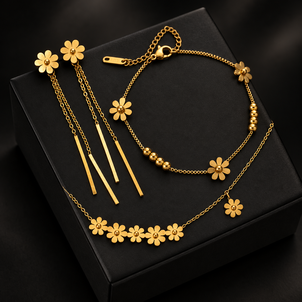 1007 Golden Hollow Heart Necklace, Bracelet & Earrings Set