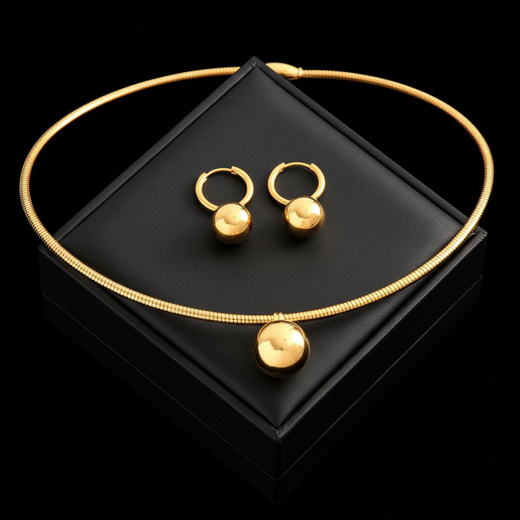 1007 Stainless Steel Gold Bead Pendant Necklace & Earrings Set