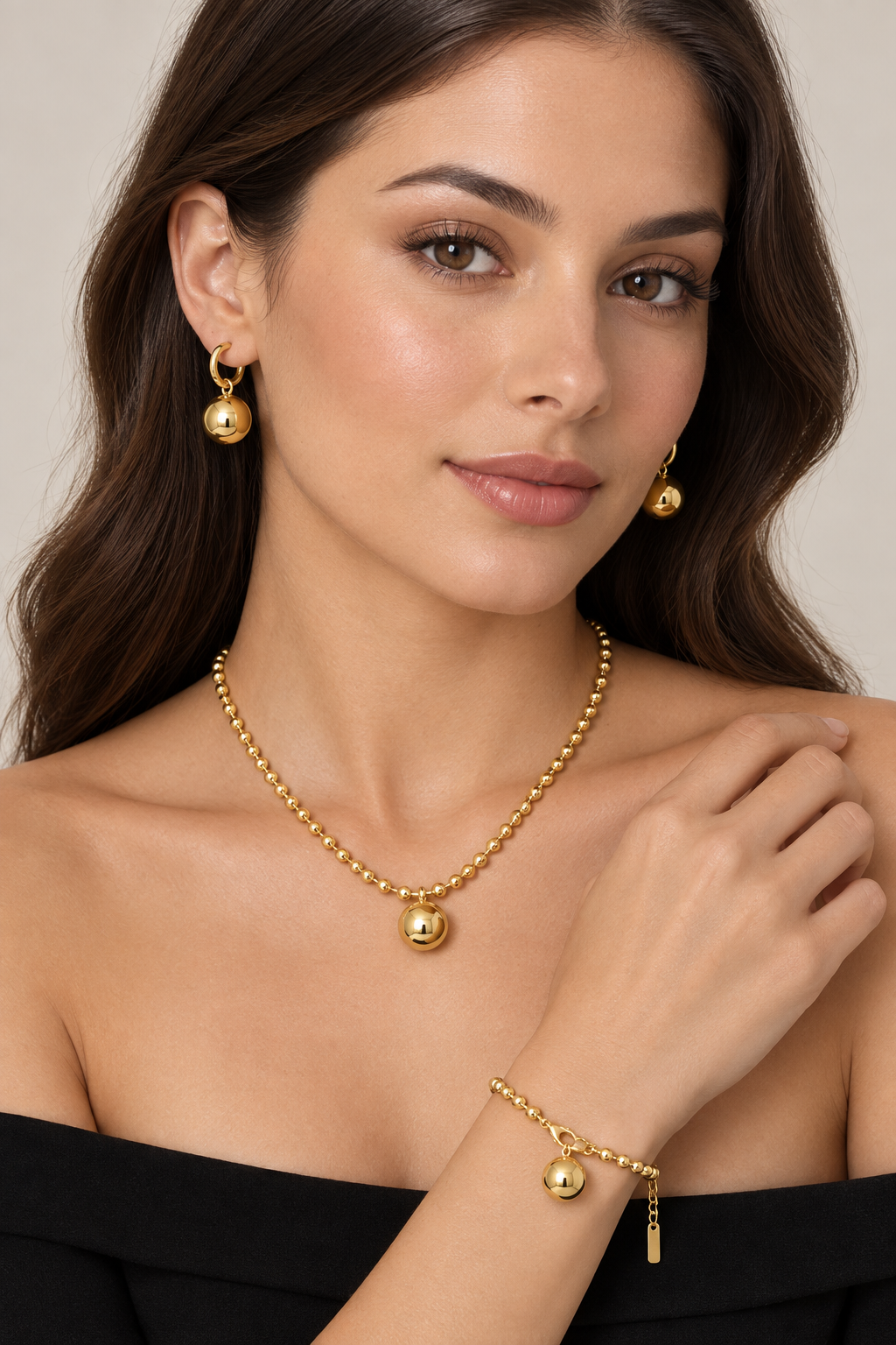 1007 Stainless Steel Bead Ball Necklace, Bracelet & Earrings Set