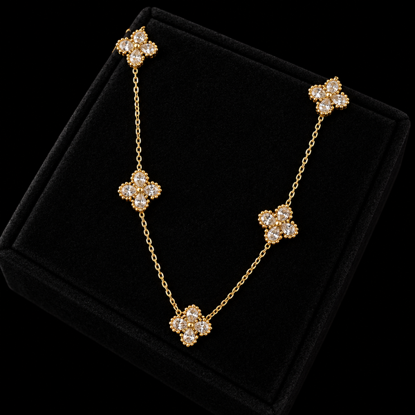 Stainless Steel White Zircon Flower Necklace, Bracelet & Earrings Set