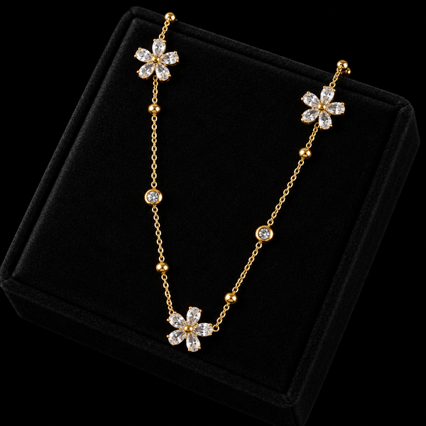Stainless Steel White Zircon Flower Necklace, Bracelet & Earrings Set