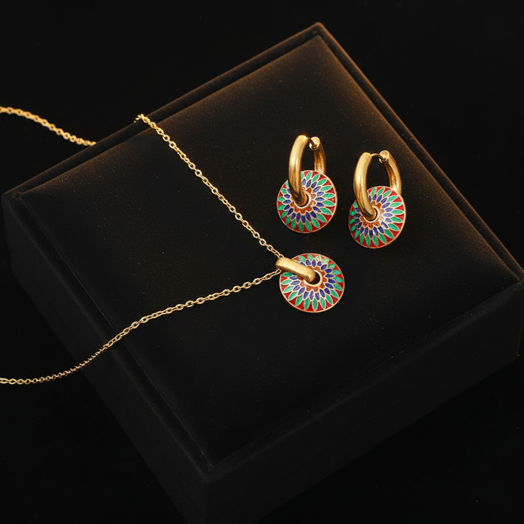 1007 Stainless Steel Vintage Flower Necklace & Earrings Set